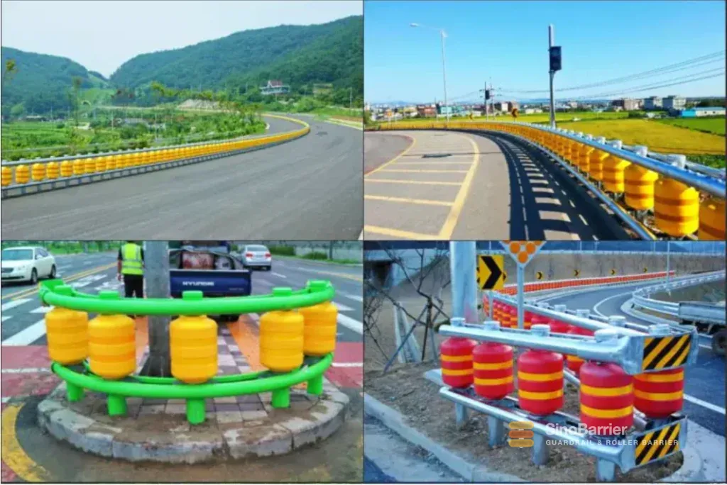 Rotary crash barrier roller assembly on galvanized frame