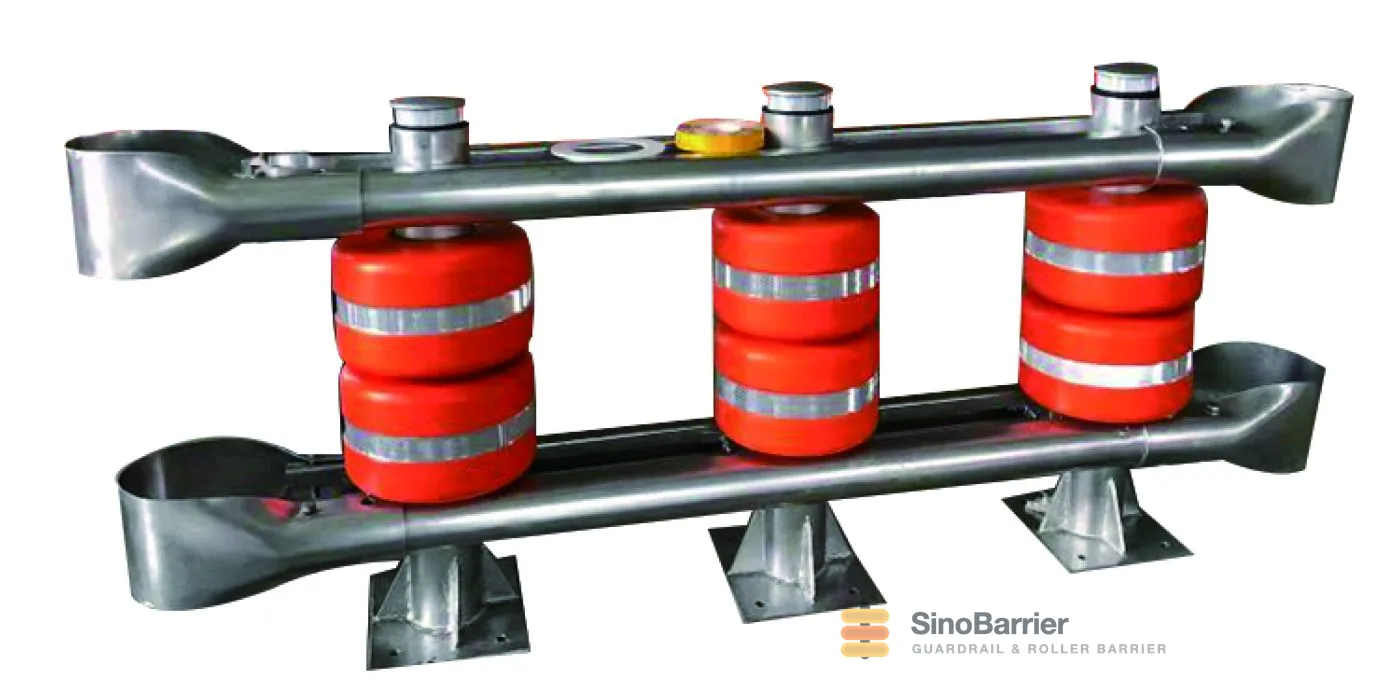 Rotary roller crash barrier with rotating rollers installed along a highway curve